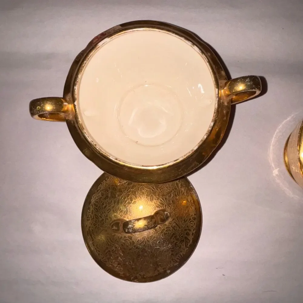 Wheeling DEC Creamer & Sugar Vintage Gold Floral Set #418 MCM